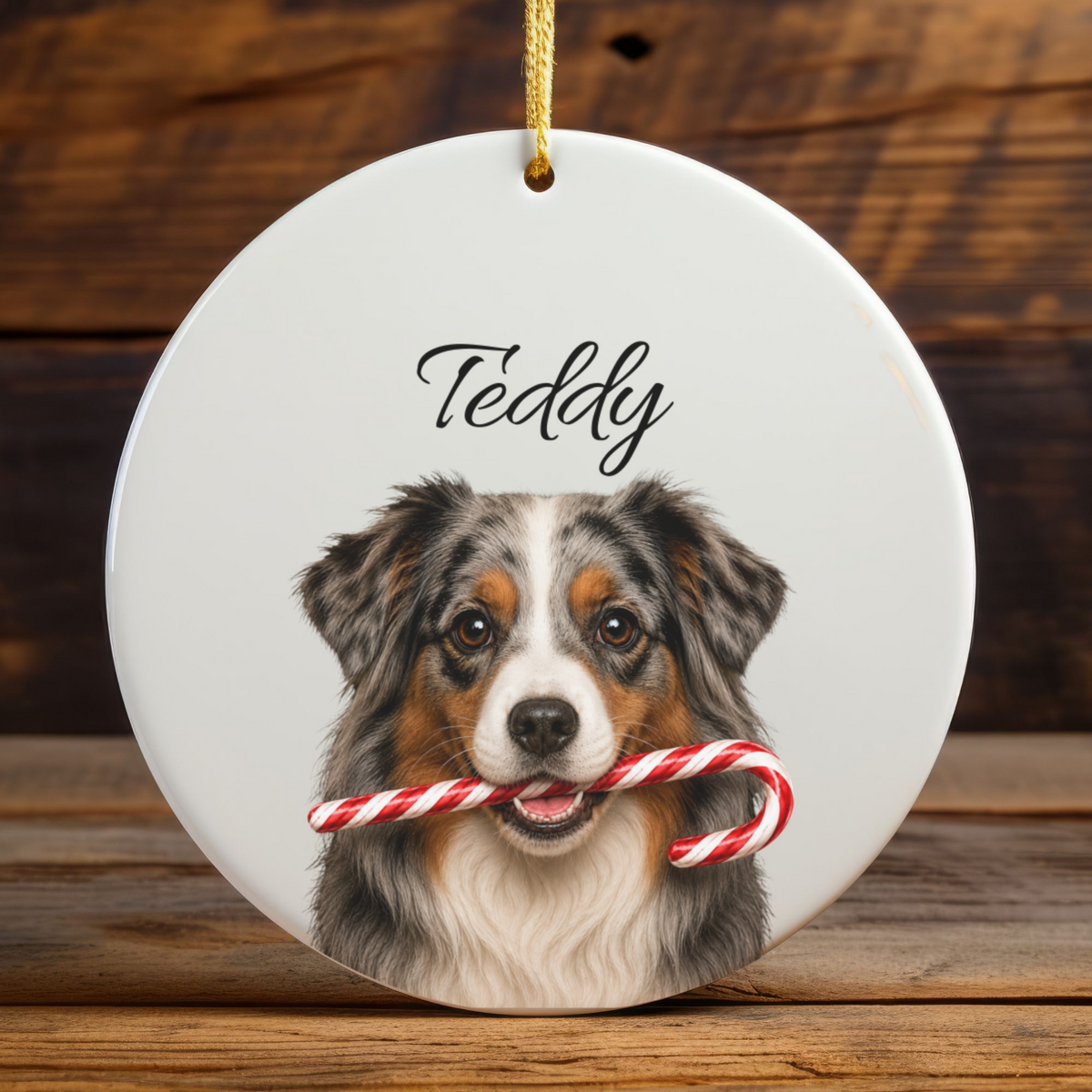 Personalized Australian Shepherd Candy Cane Ornament