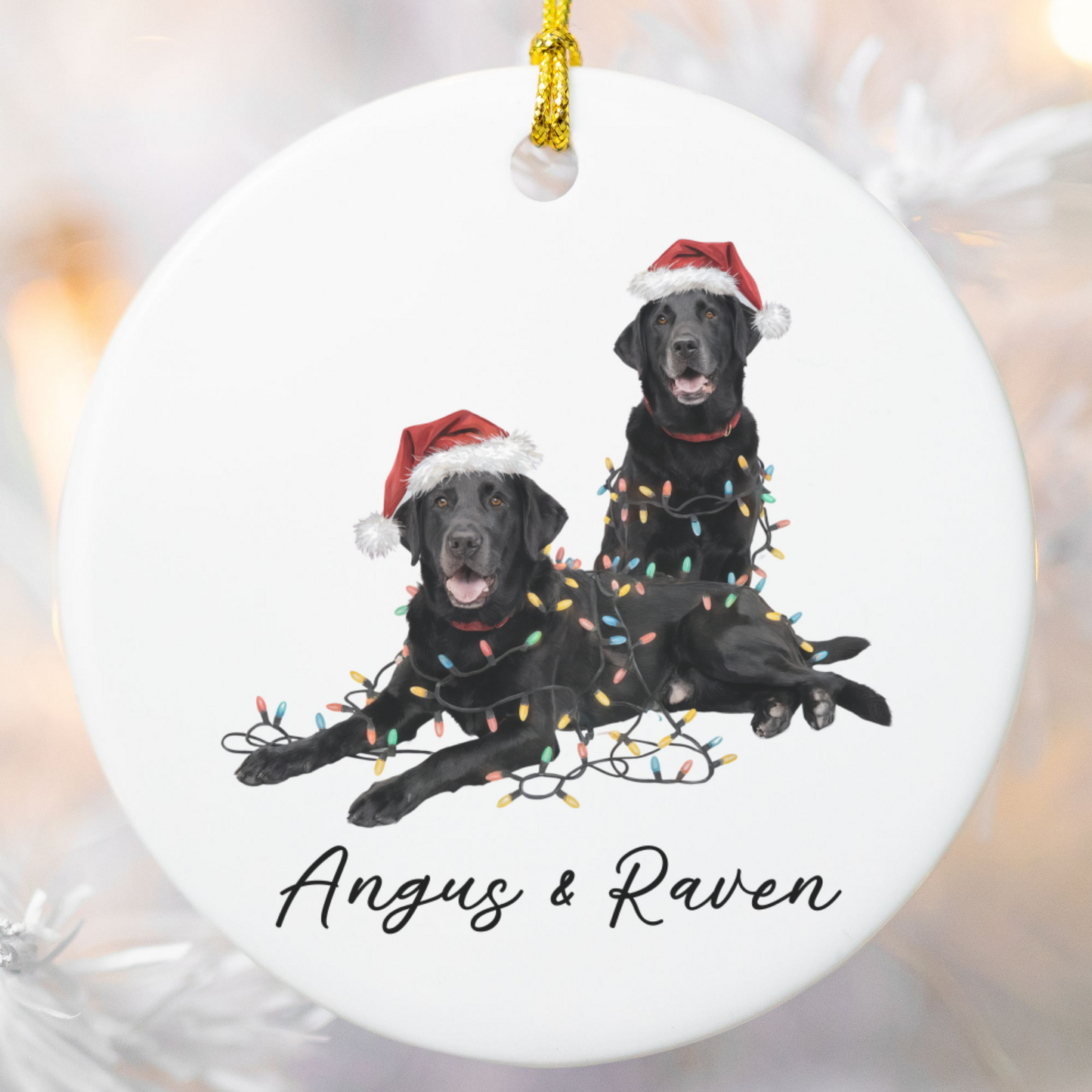 Personalized Black Lab Christmas Ornament: Festive Dog Duo with Lights, Ceramic Keepsake