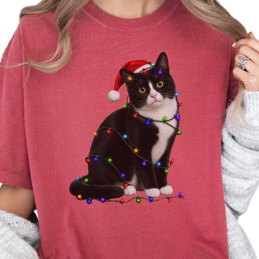 Tuxedo Cat Christmas Lights Shirt, Comfort Colors Holiday Cat Lover Tee