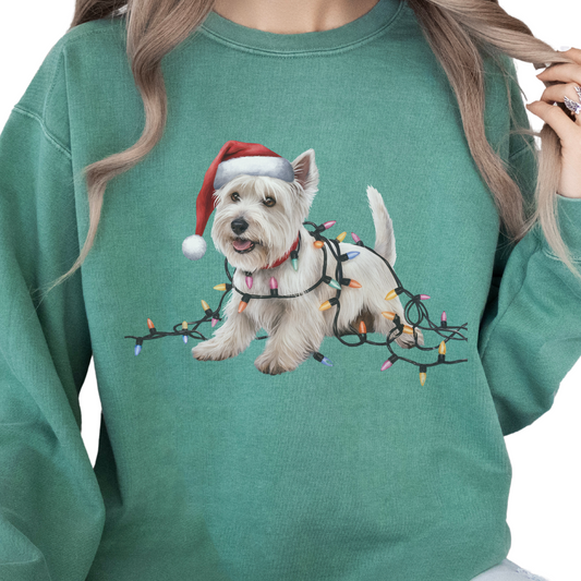West Highland Terrier Christmas Lights Sweatshirt, Festive Dog Mom Holiday Sweater