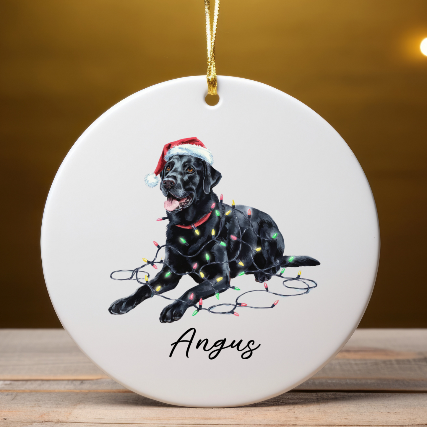 Personalized Black Labrador Christmas Ornament, Ceramic Dog Keepsake, Festive Lights Lab