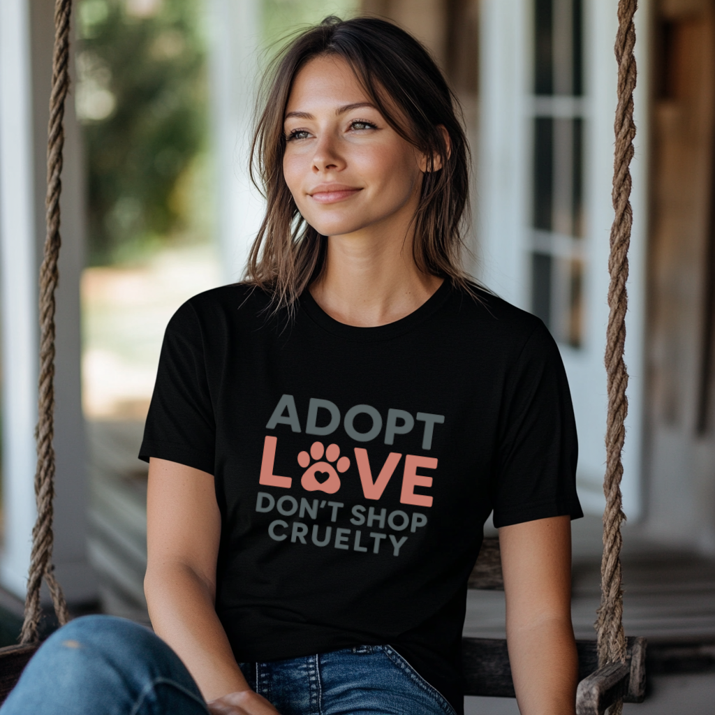 Adopt Love Don’t Shop Cruelty T-Shirt – Puppy Mill Awareness Shirt for Dog Rescue Advocates