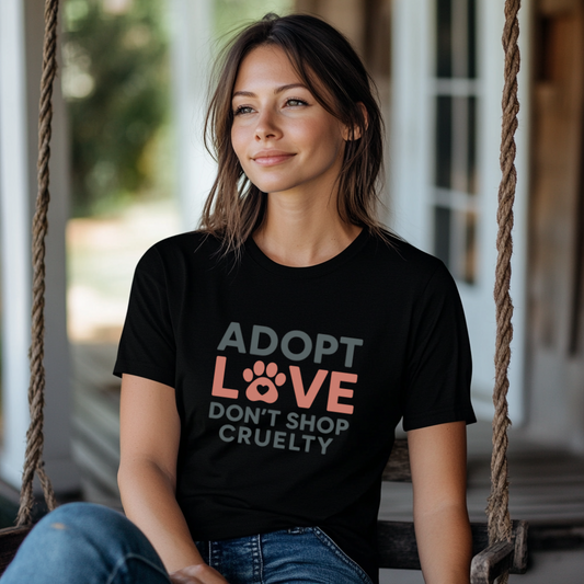Adopt Love Don’t Shop Cruelty T-Shirt – Puppy Mill Awareness Shirt for Dog Rescue Advocates