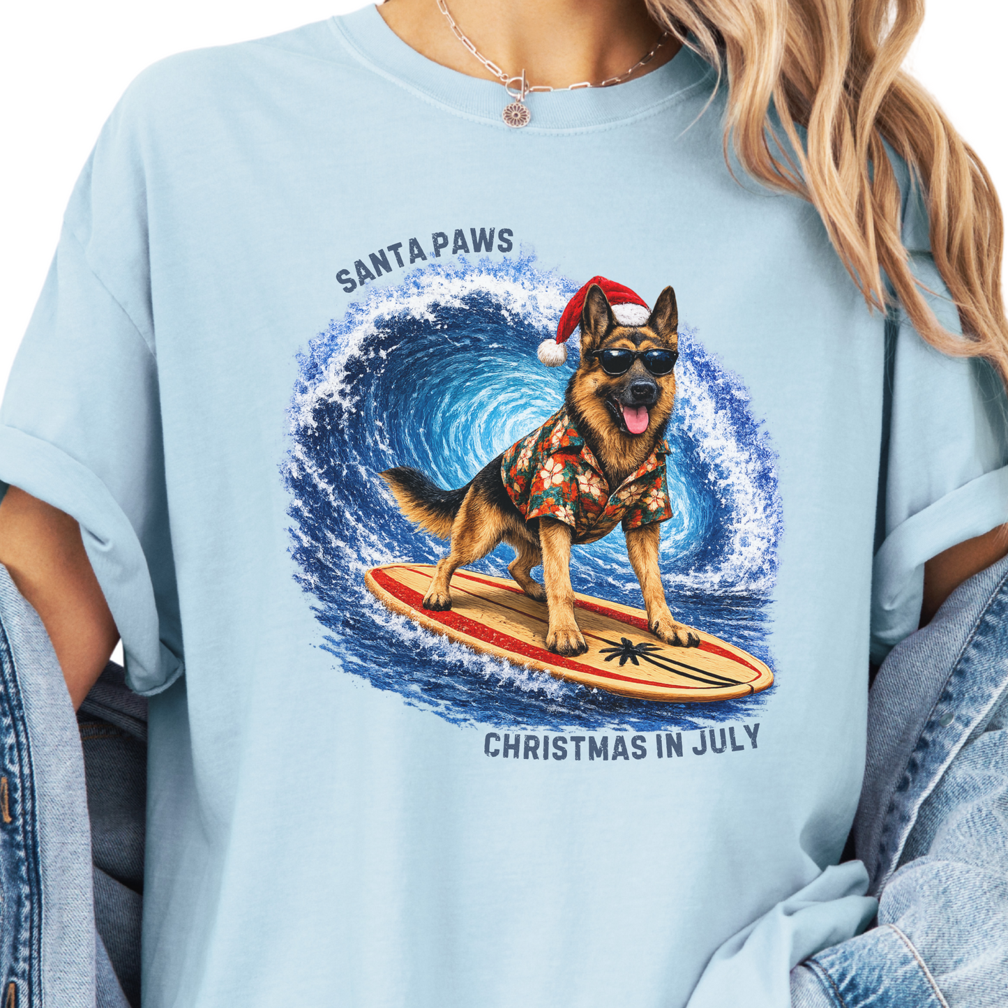 Christmas in July Gift for German Shepherd Lovers, Santa Paws Beach Shirt