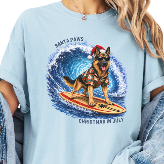 Christmas in July German Shepherd Santa Paws Beach Shirt