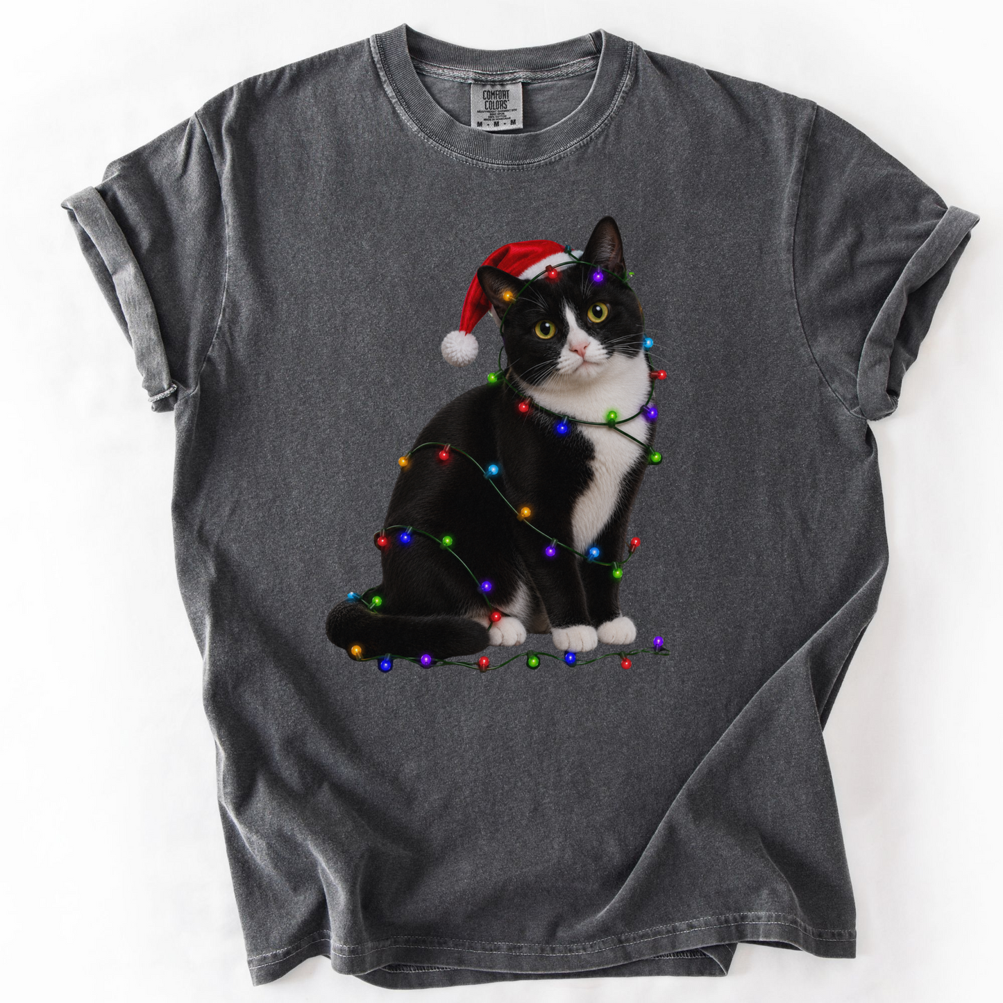 Tuxedo Cat Christmas Lights Shirt, Comfort Colors Holiday Cat Lover Tee