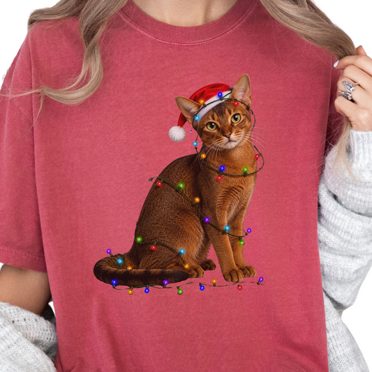 Abyssinian Cat Christmas Lights Shirt, Comfort Colors Holiday Cat Lover Tee