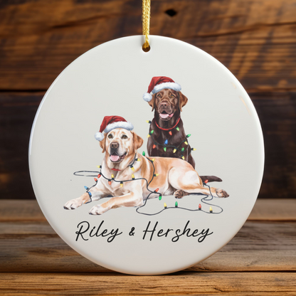 Chocolate and Yellow Labradors Ornament, Personalized Dog Christmas Decor