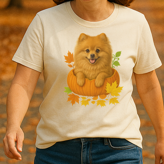 Pomeranian in Pumpkin Fall Shirt, Cute Autumn Dog Tee for Pomeranian Lovers