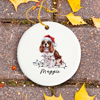 Personalized Blenheim Cavalier King Charles Spaniel Christmas Ornament, Tangled Lights Ceramic Keepsake