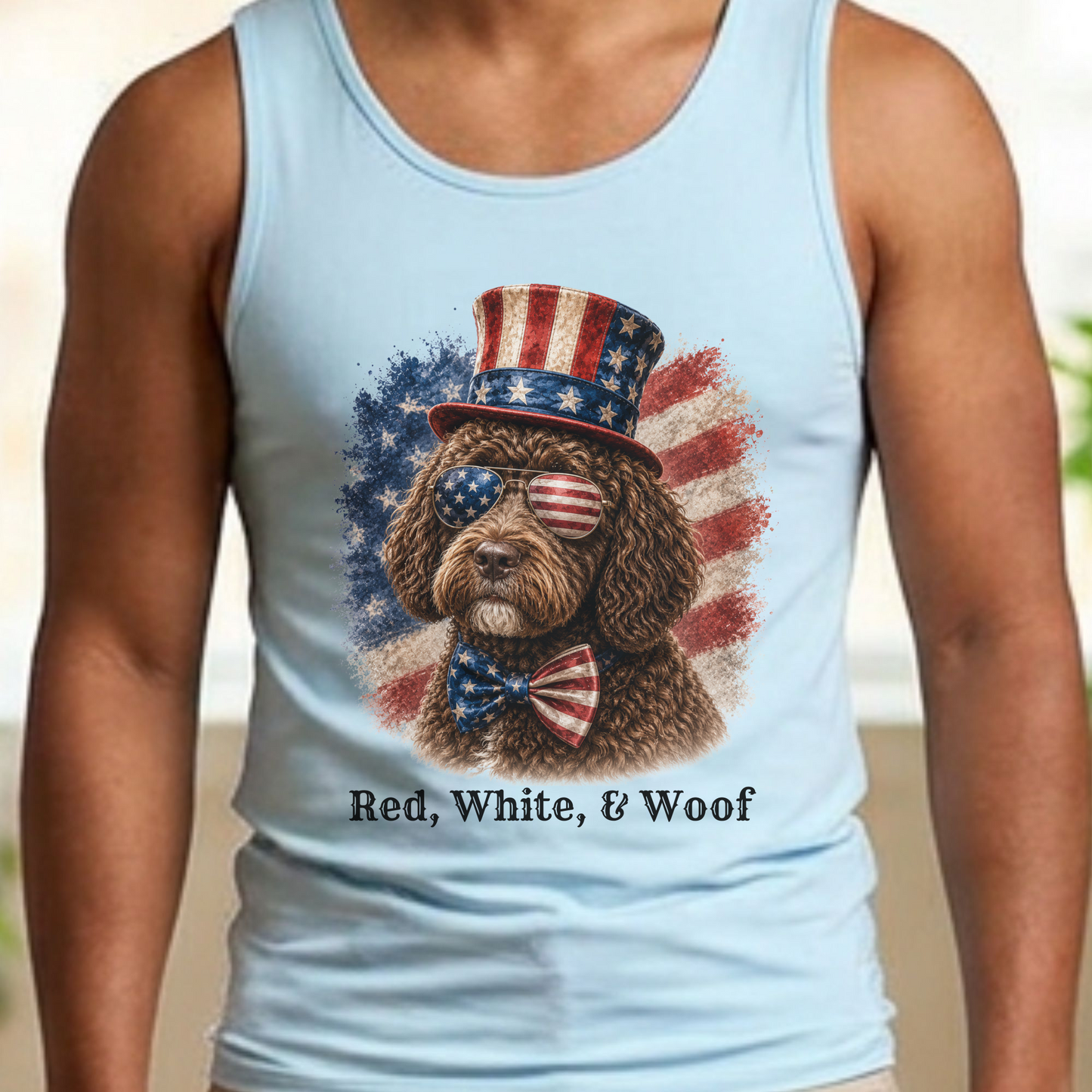 Patriotic Brown Portuguese Water Dog Tank Top, Red White & Woof
