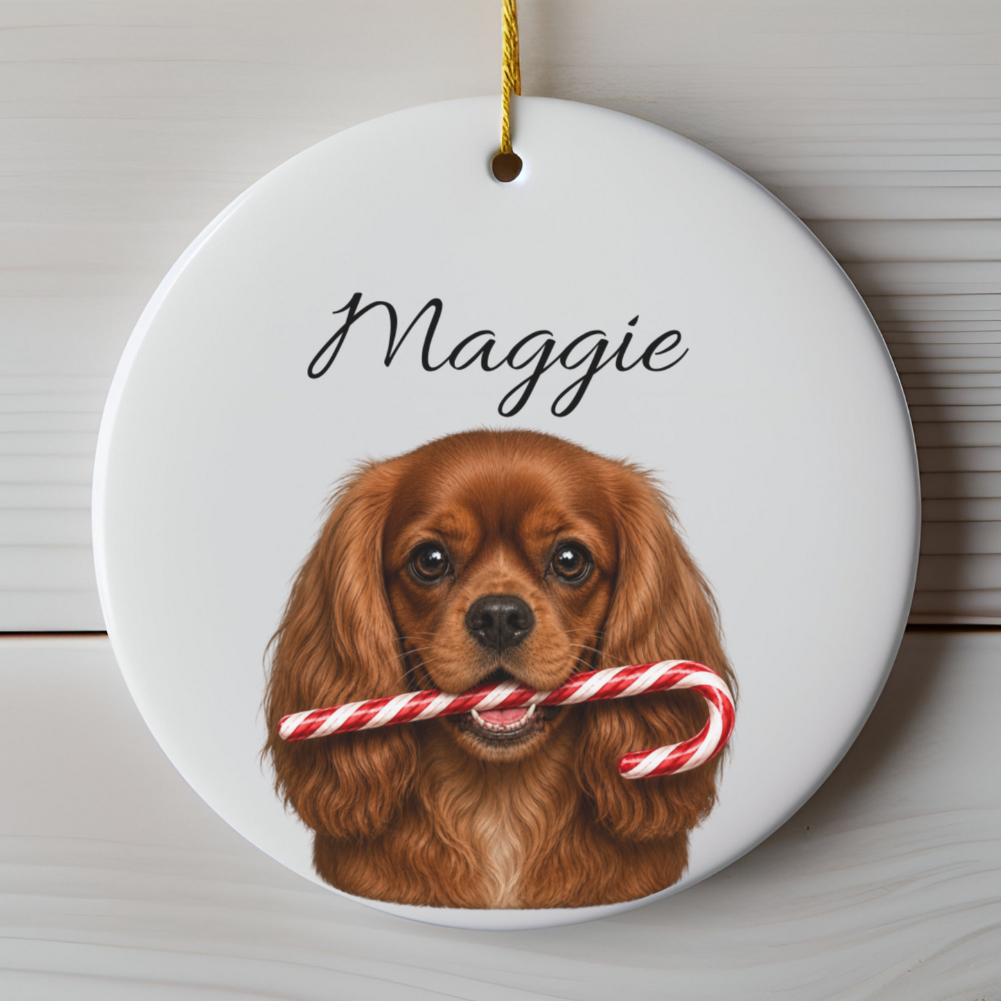 Personalized Ruby Cavalier Candy Cane Ornament