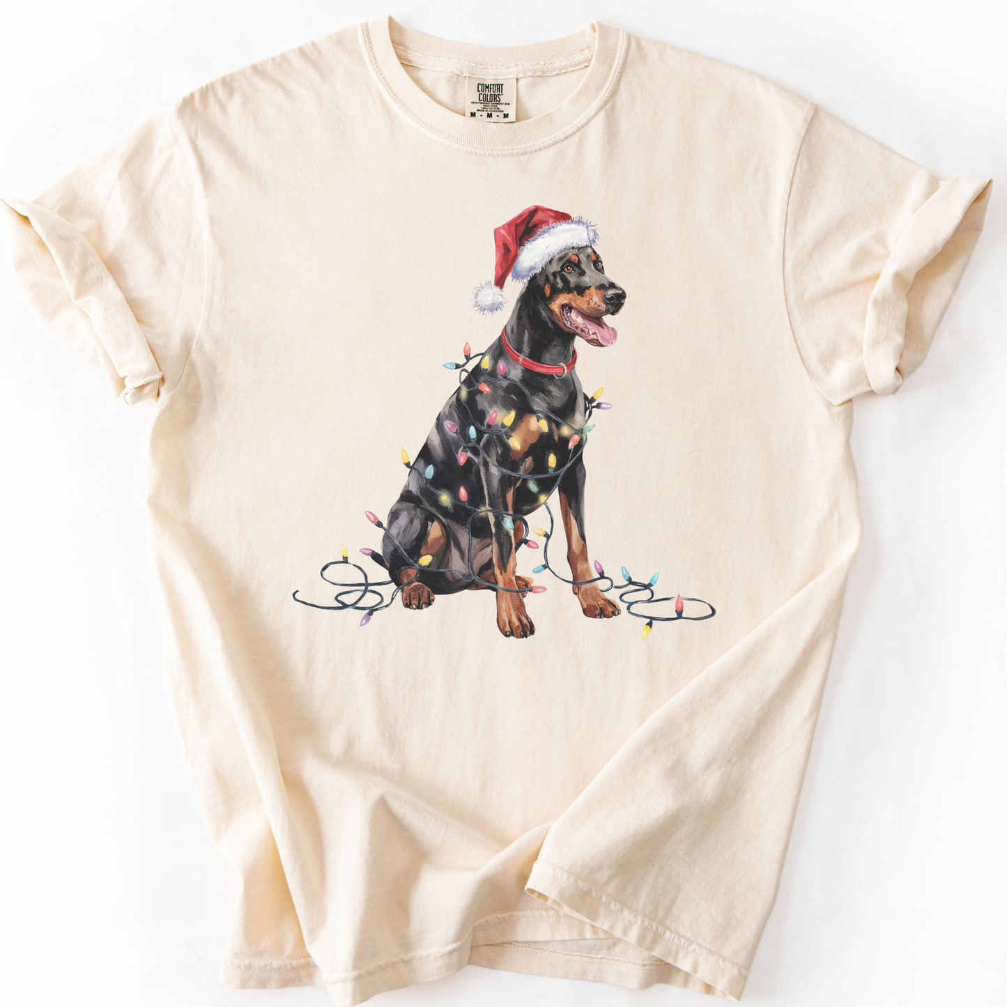 Doberman Pinscher Christmas Lights Shirt, Festive Holiday Tee for Dobie Lovers