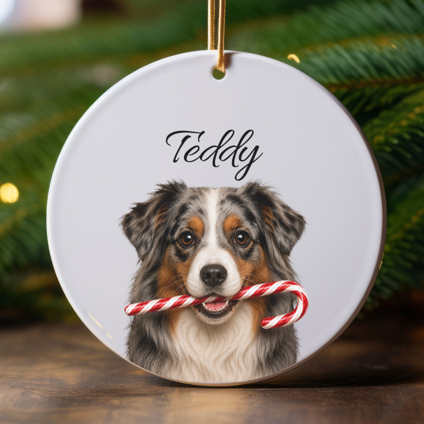 Personalized Australian Shepherd Candy Cane Ornament