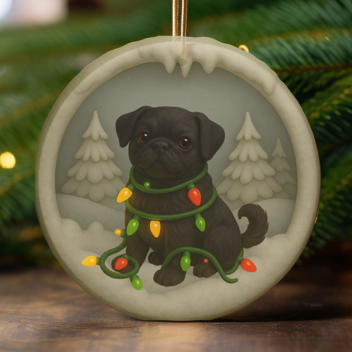 Personalized Black Pug Christmas Ornament, 3D Clay-Style Dog Keepsake with Lights