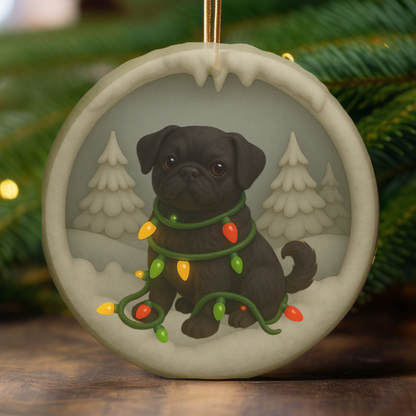 Personalized Black Pug Christmas Ornament, 3D Clay-Style Dog Keepsake with Lights