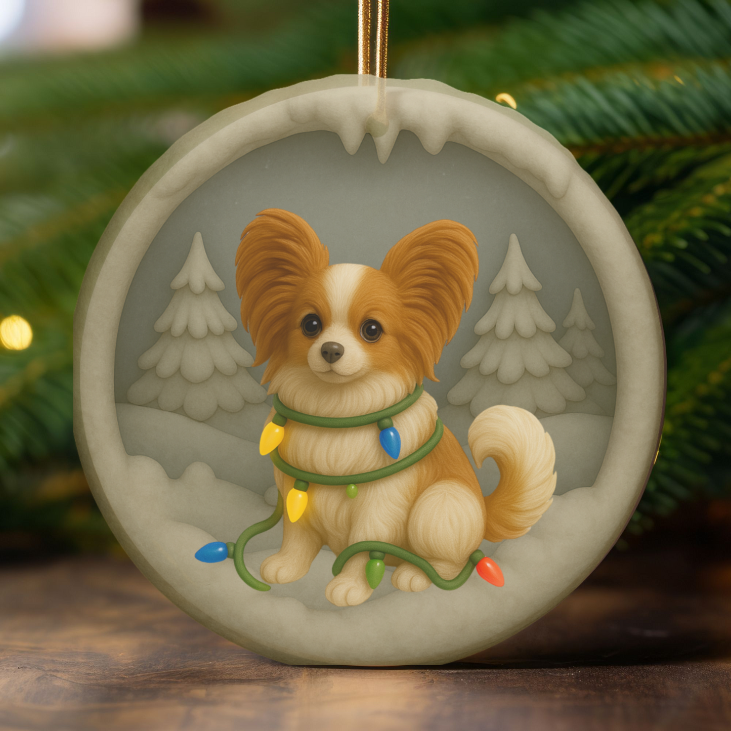Personalized Papillon Christmas Ornament, 3D Clay-Style Dog Keepsake with Lights