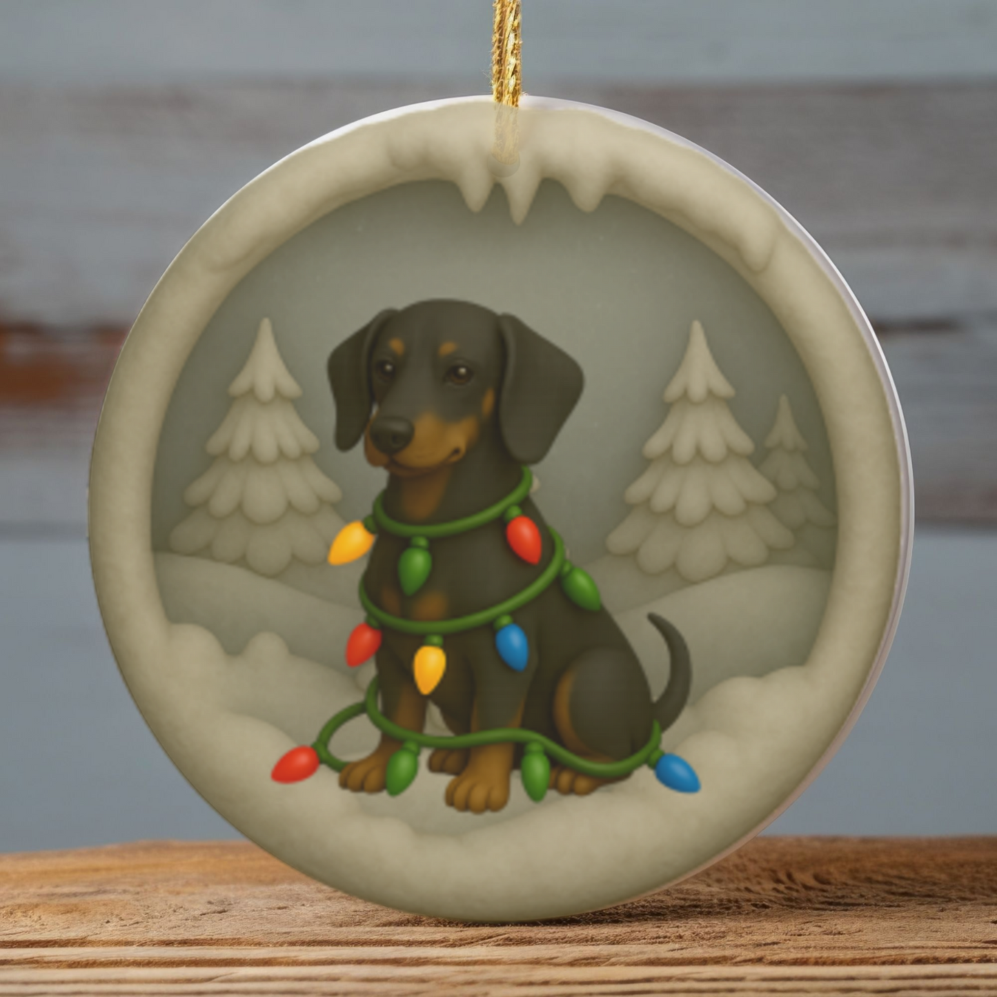Personalized Black & Tan Dachshund Christmas Ornament, 3D Clay-Style Dog Keepsake with Lights