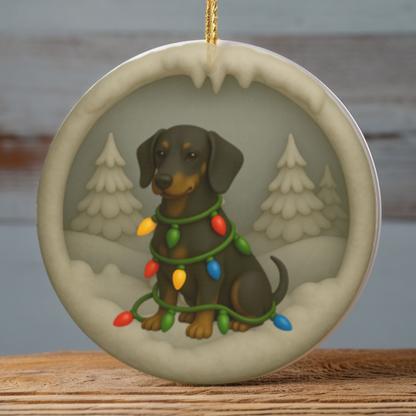 Personalized Black & Tan Dachshund Christmas Ornament, 3D Clay-Style Dog Keepsake with Lights