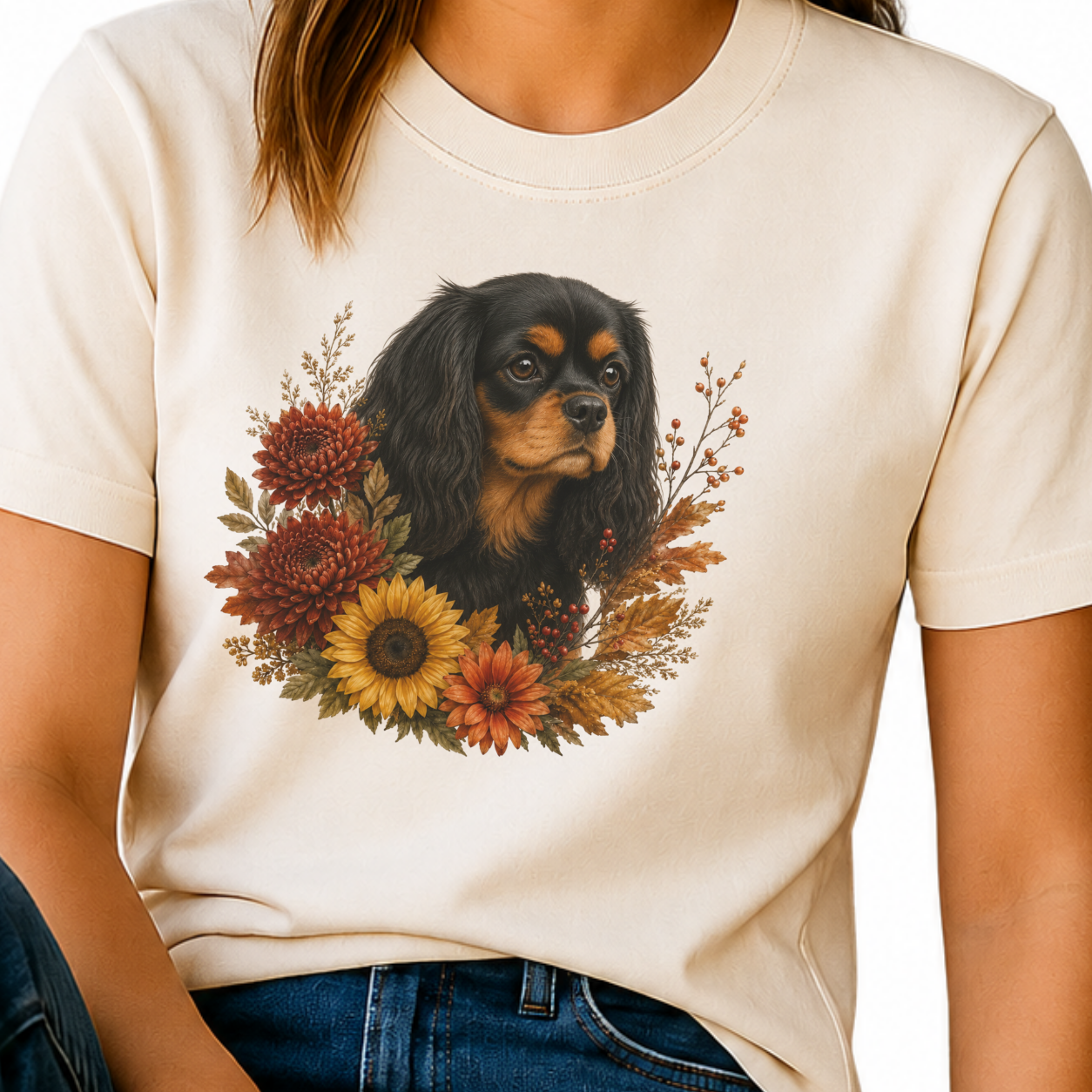 Black and Tan Cavalier Autumn Floral Shirt