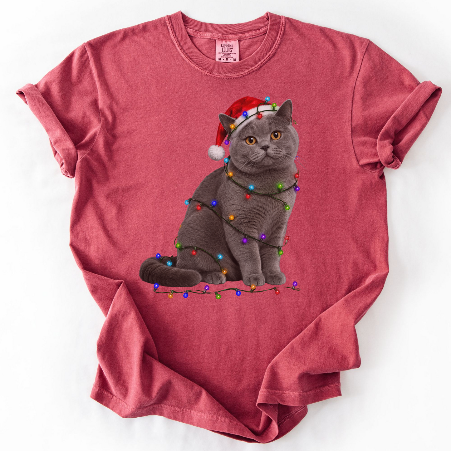 British Shorthair Christmas Lights Shirt, Comfort Colors Holiday Cat Lover Tee
