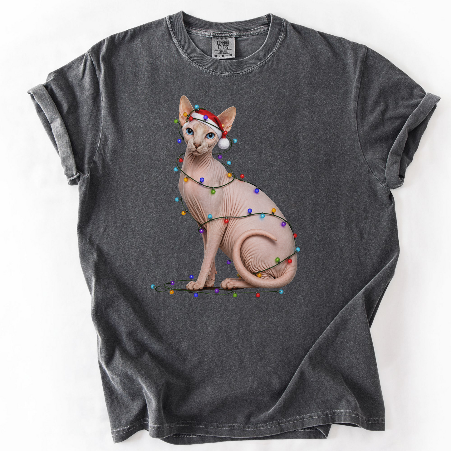 Sphynx Cat Christmas Lights Shirt, Comfort Colors Holiday Cat Lover Tee