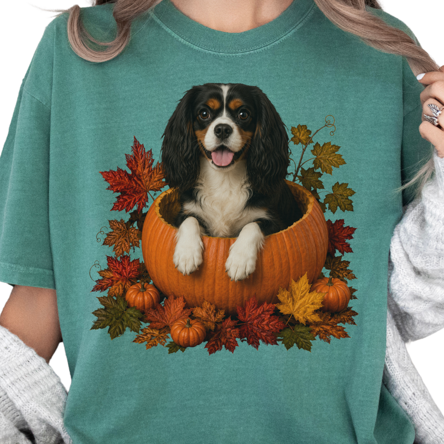 Tricolor Cavalier King Charles in Pumpkin Fall Shirt, Cute Autumn Dog Tee for Spaniel Moms