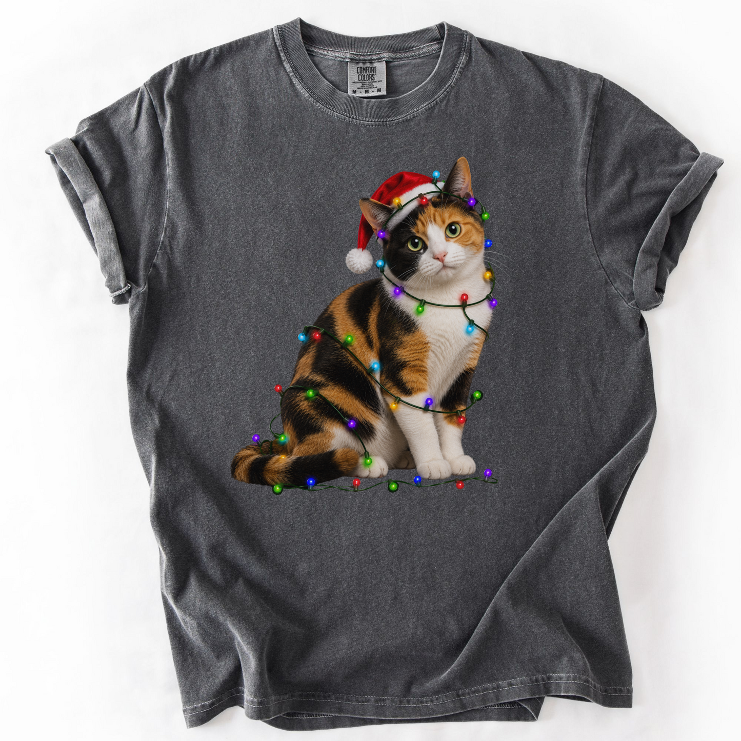Calico Cat Christmas Lights Shirt, Comfort Colors Holiday Cat Lover Tee