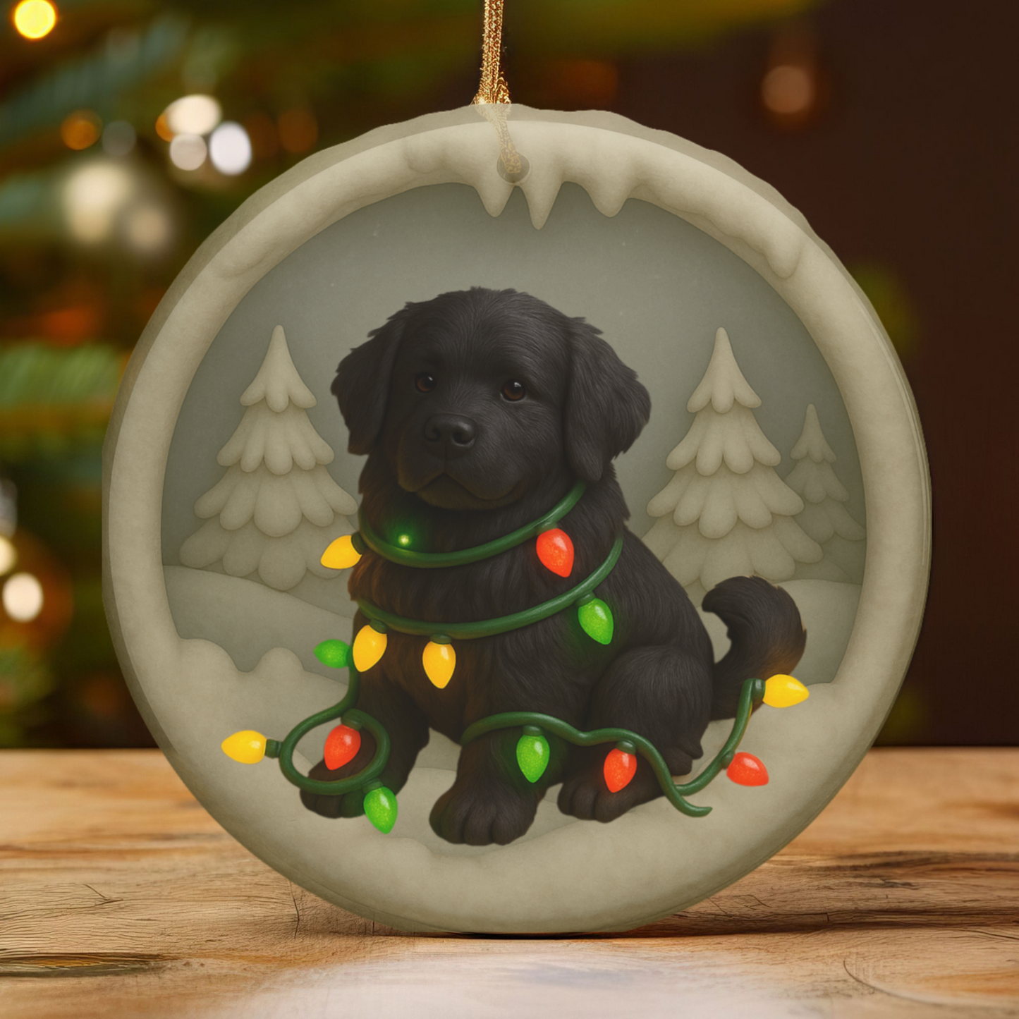 Personalized Black Newfoundland Christmas Ornament, 3D Clay-Style Dog Keepsake with Lights