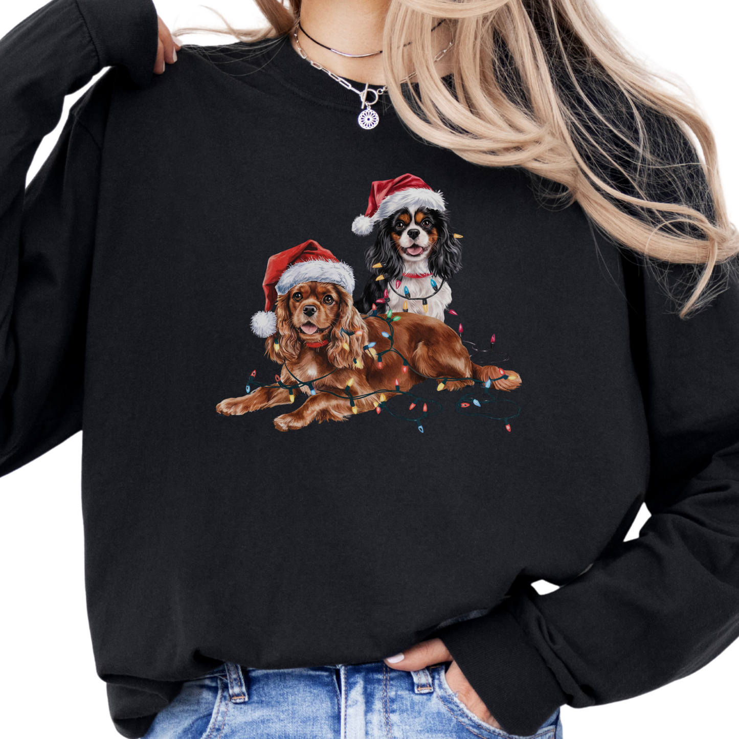 Cavalier King Charles Spaniels Christmas Lights Shirt, Funny Dog Lover Long Sleeve Holiday Top