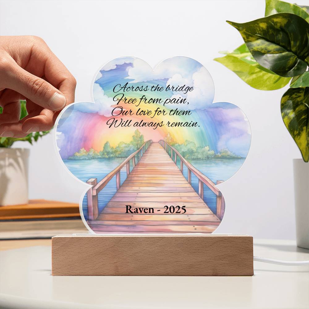 Personalized Pet Memorial Acrylic Light, Rainbow Bridge Paw Plaque with LED Base, Custom Dog Cat Loss Remembrance Gift