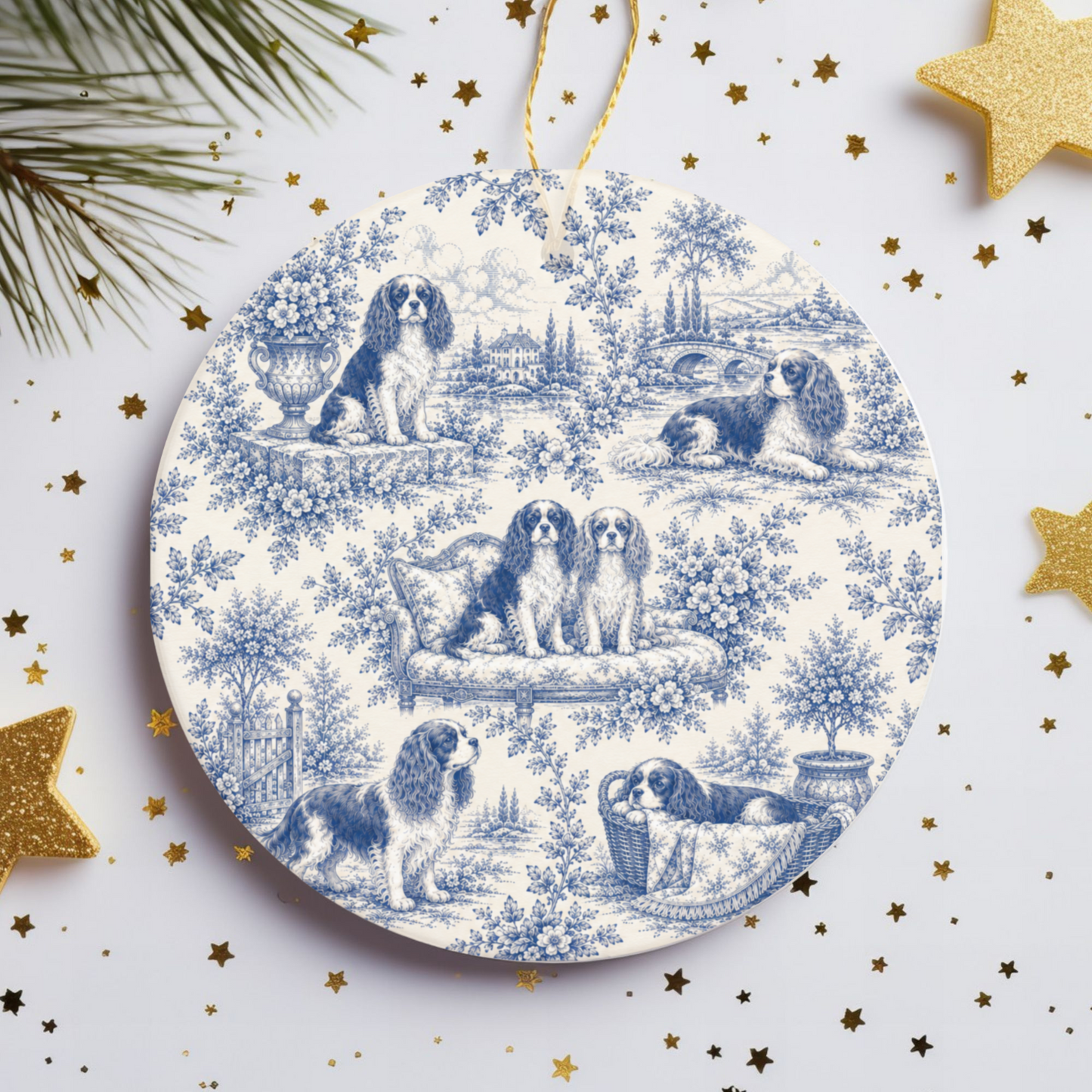 Cavalier French Blue Toile Dog Ornament