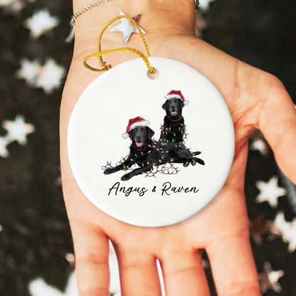 Personalized Black Lab Christmas Ornament: Festive Dog Duo with Lights, Ceramic Keepsake
