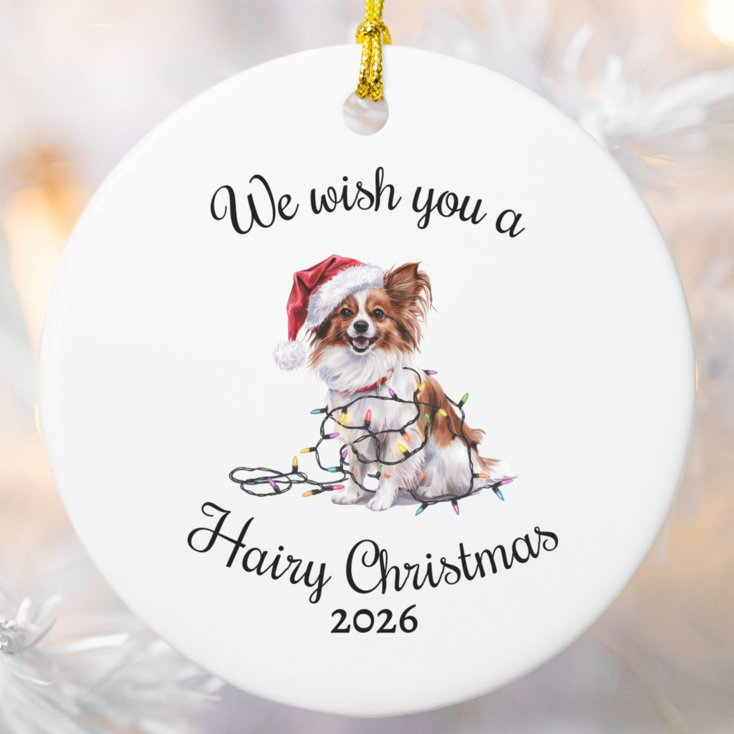 Christmas Papillon Ornament, Christmas Lights Dog Keepsake
