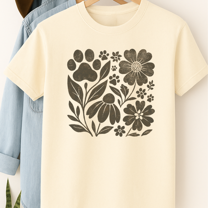 Retro Floral Paw Print Shirt Boho Dog Lover Tee Nature-Inspired Pet Mom Gift Vintage Botanical Animal T-Shirt
