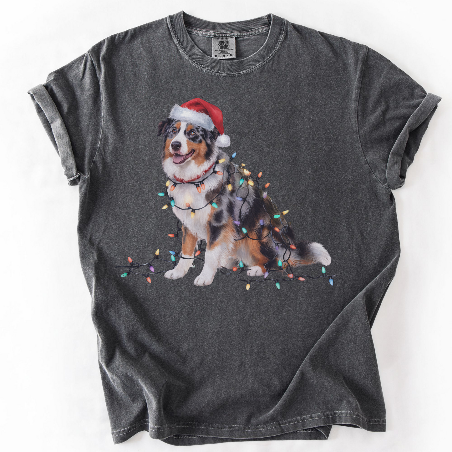 Australian Shepherd Christmas Lights Dog Shirt, Festive Aussie Holiday Tee for Dog Lovers