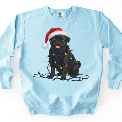 Black Pug Christmas Lights Sweatshirt, Festive Dog Lover Holiday Sweater