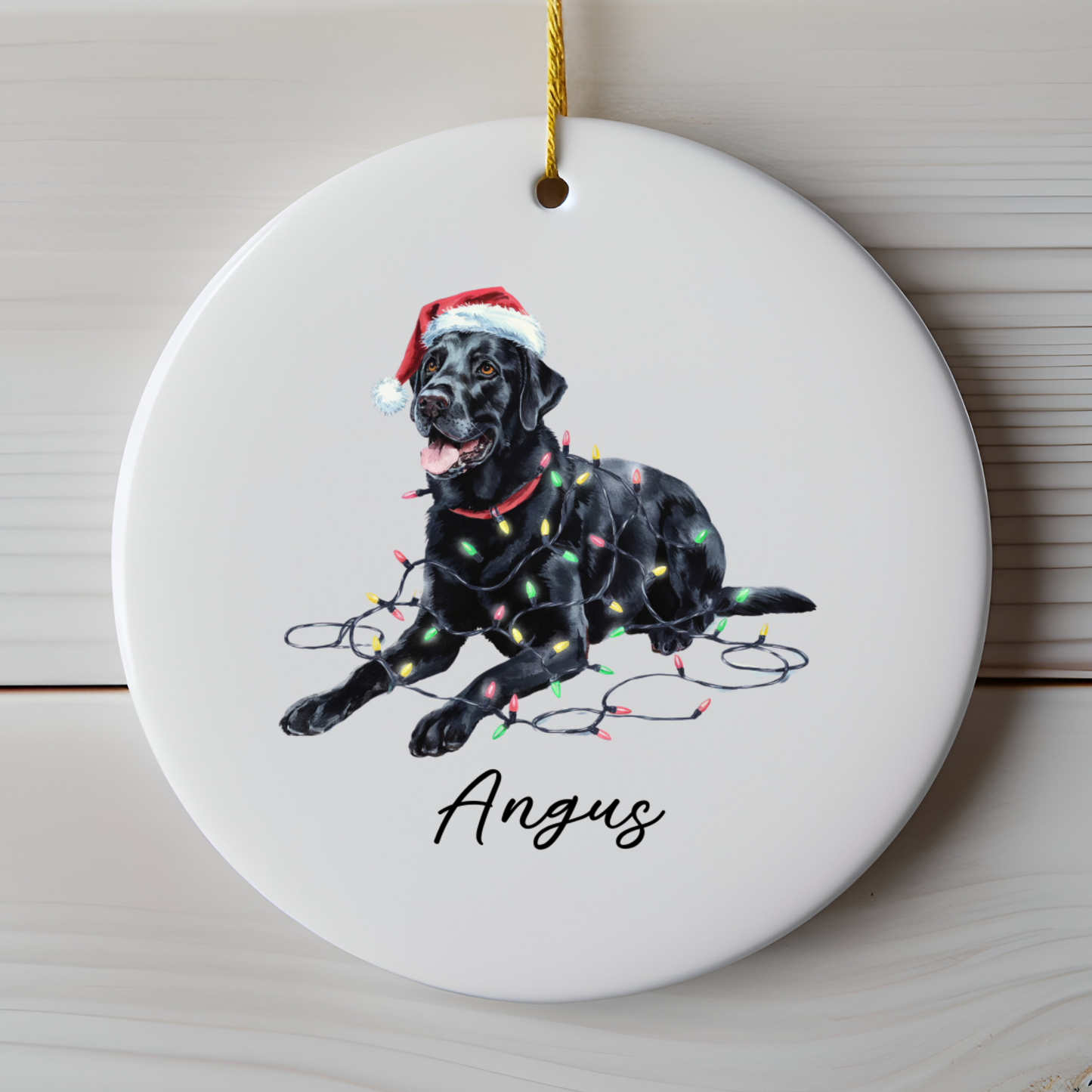 Personalized Black Labrador Christmas Ornament, Ceramic Dog Keepsake, Festive Lights Lab
