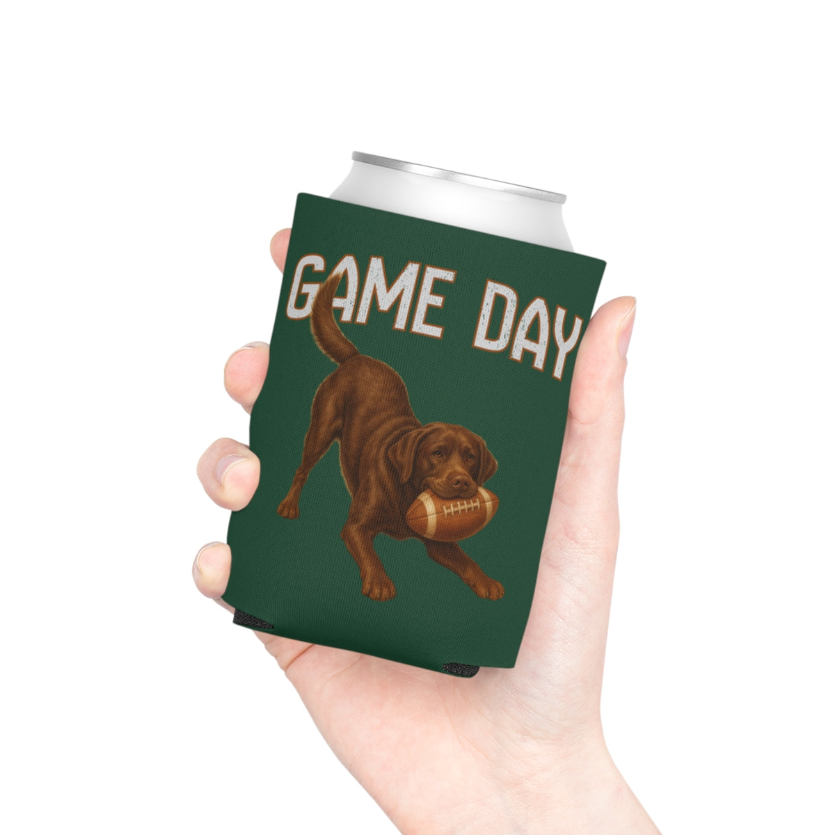 Personalized Chocolate Lab Game Day Can Cooler, Custom Football Labrador Koozie Gift