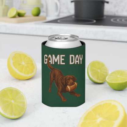 Personalized Chocolate Lab Game Day Can Cooler, Custom Football Labrador Koozie Gift