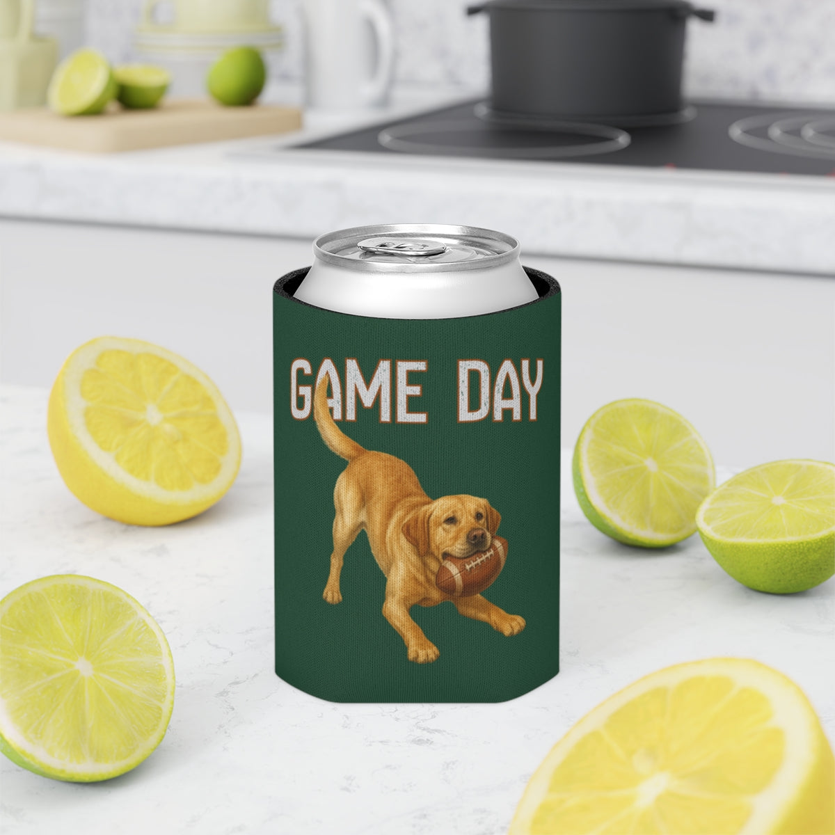 Personalized Yellow Lab Game Day Can Cooler, Custom Football Labrador Koozie Gift