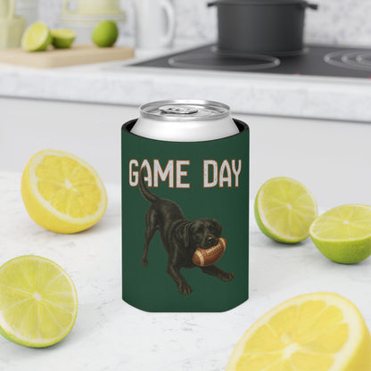 Personalized Black Lab Game Day Can Cooler, Custom Football Labrador Koozie Gift