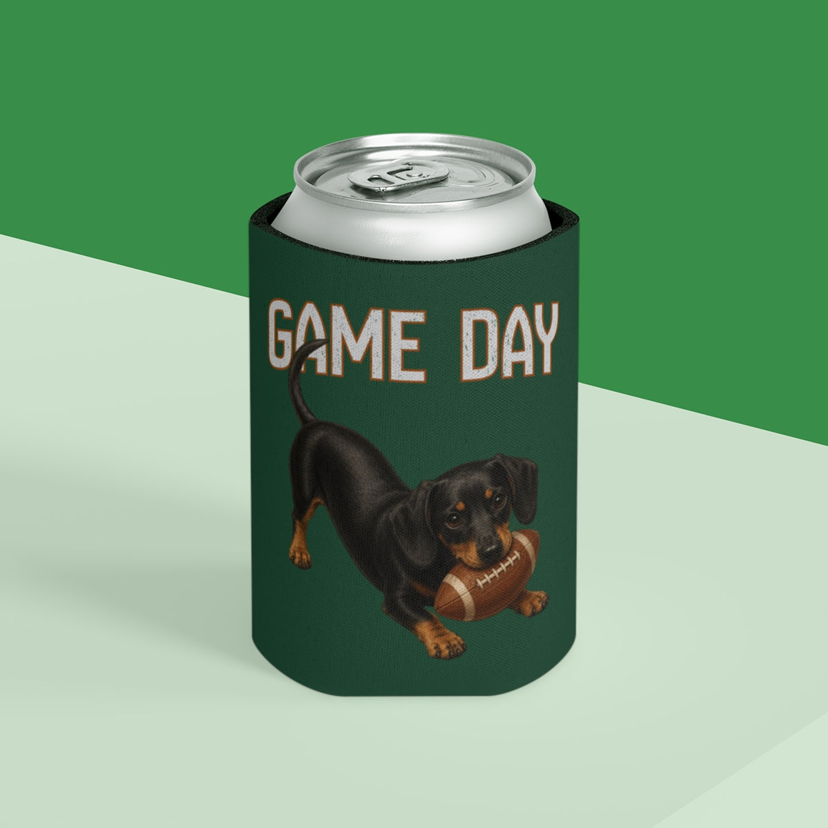 Personalized Black and Tan Dachshund Game Day Can Cooler, Custom Football Dog Koozie