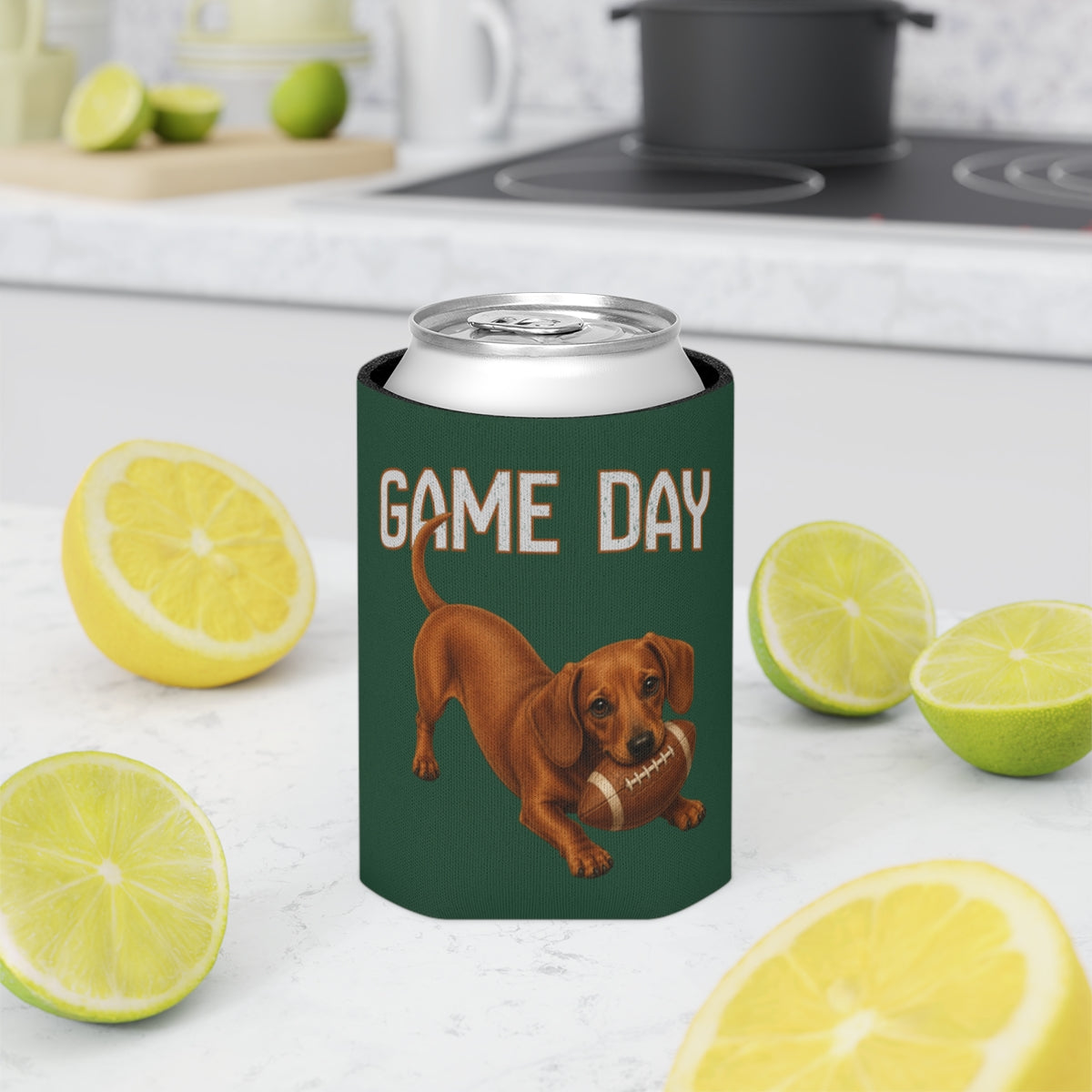 Personalized Red Dachshund Game Day Can Cooler, Custom Football Dog Koozie Gift