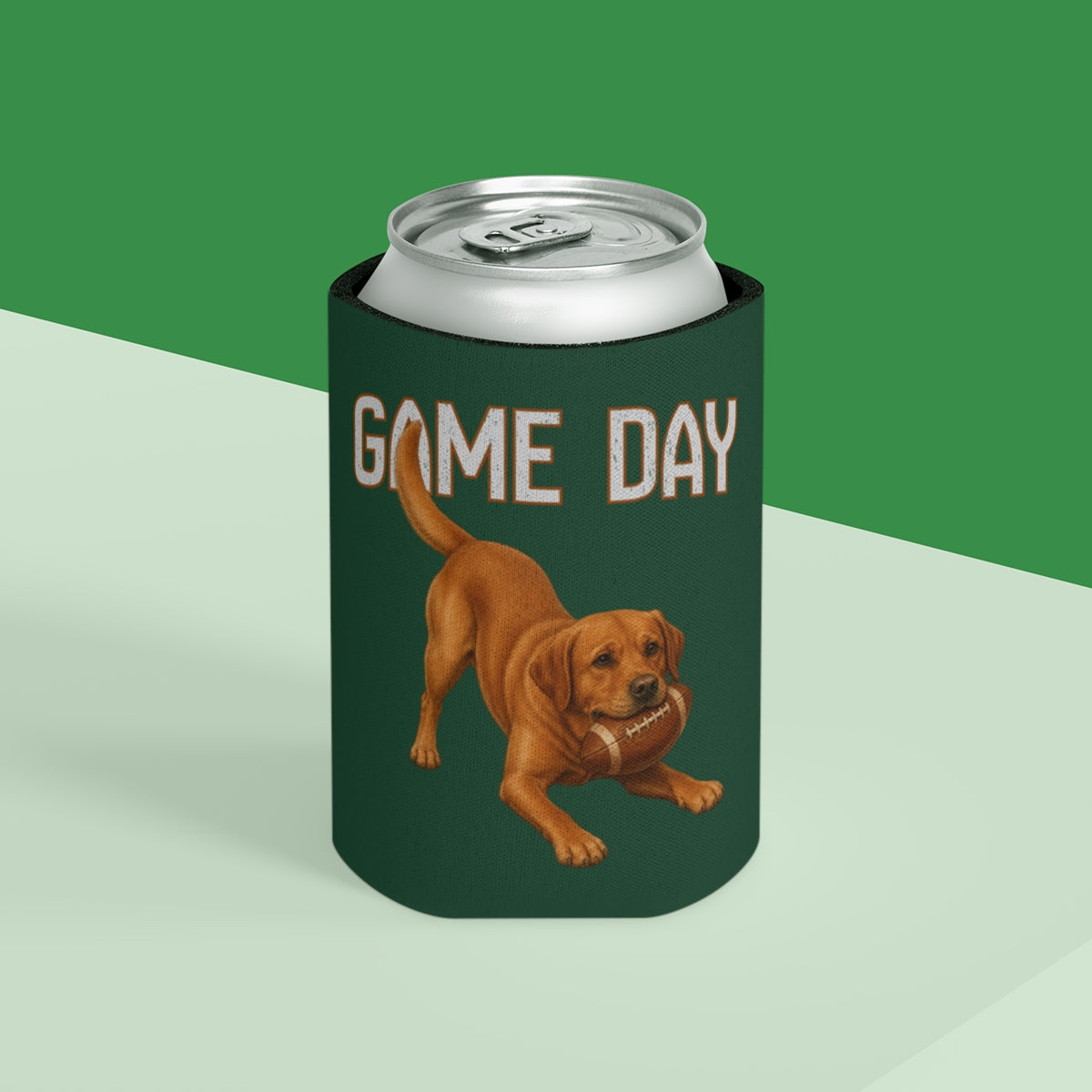 Personalized Fox Red Lab Game Day Can Cooler, Custom Football Labrador Koozie Gift
