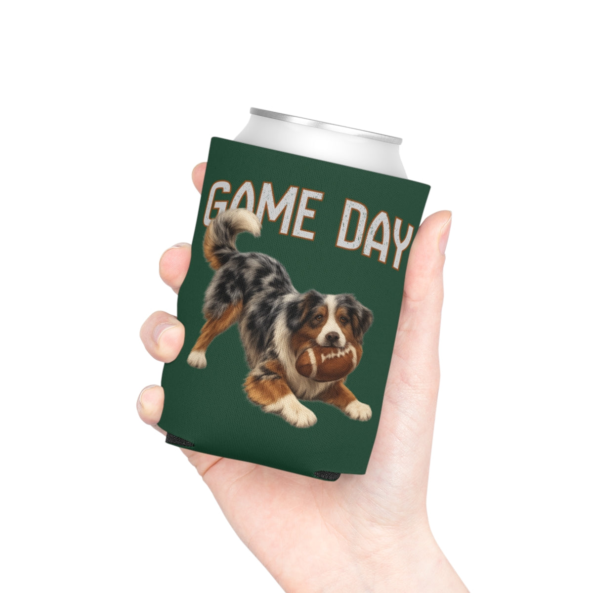 Personalized Australian Shepherd Game Day Can Cooler, Custom Football Dog Koozie Gift