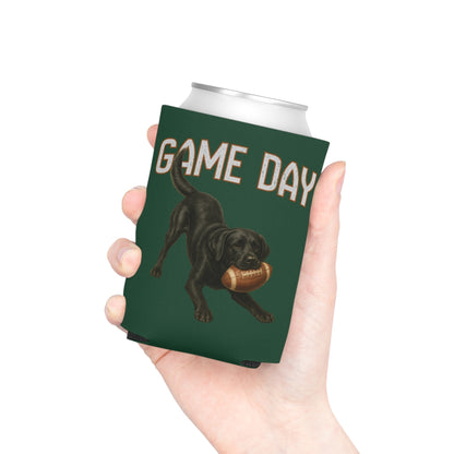 Personalized Black Lab Game Day Can Cooler, Custom Football Labrador Koozie Gift