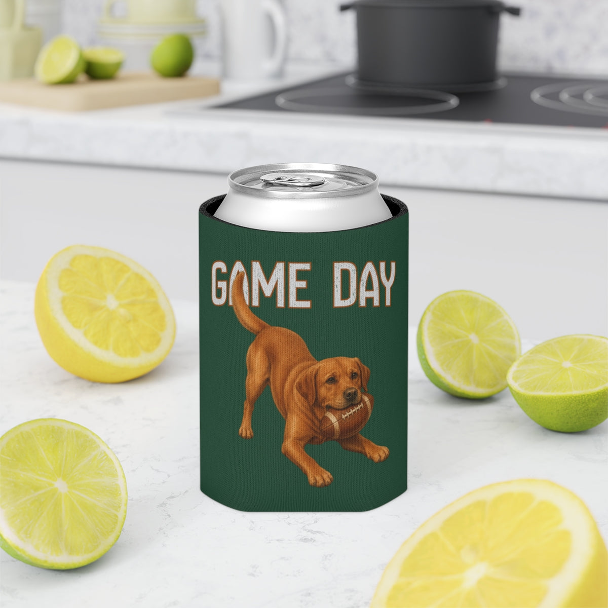 Personalized Fox Red Lab Game Day Can Cooler, Custom Football Labrador Koozie Gift