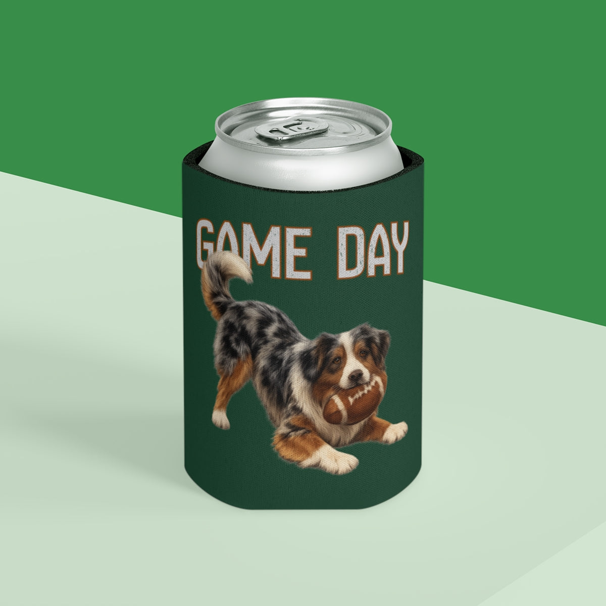Personalized Australian Shepherd Game Day Can Cooler, Custom Football Dog Koozie Gift