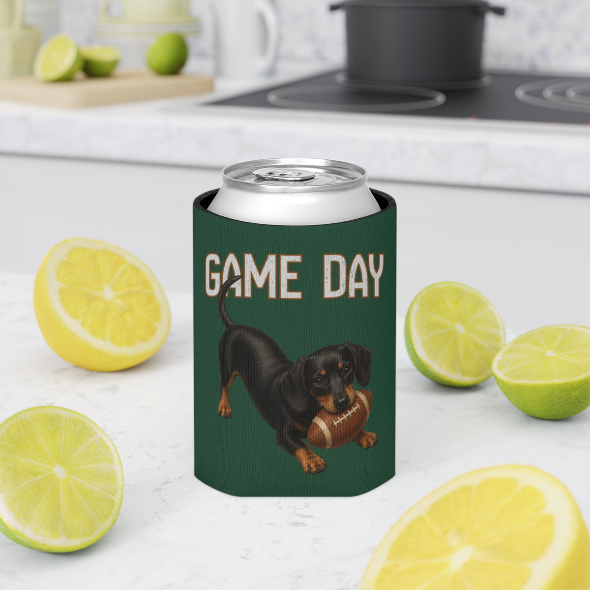 Personalized Black and Tan Dachshund Game Day Can Cooler, Custom Football Dog Koozie